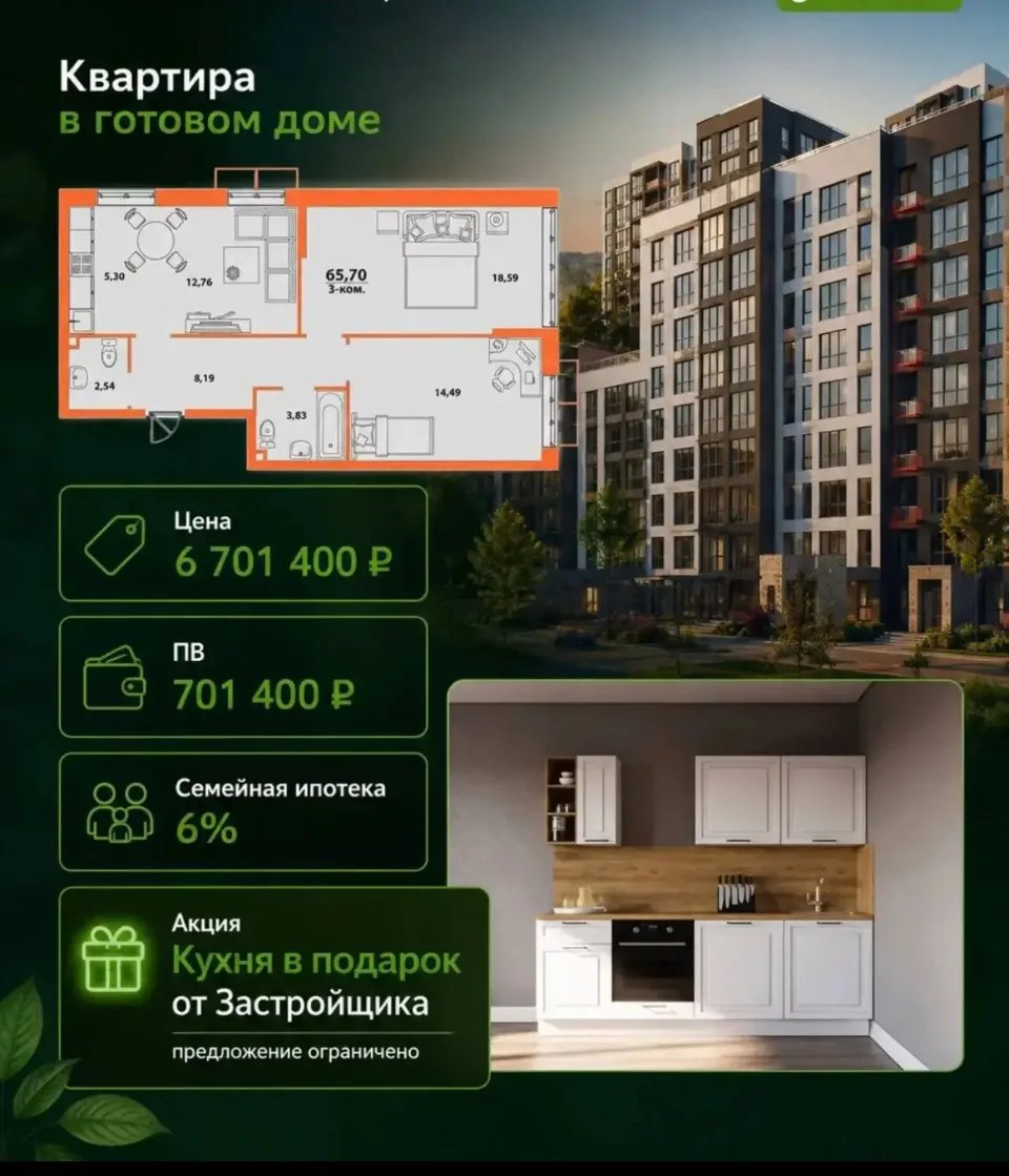 ☝️Обратите внимание,  что еще Кухня от Застройщика в Подарок