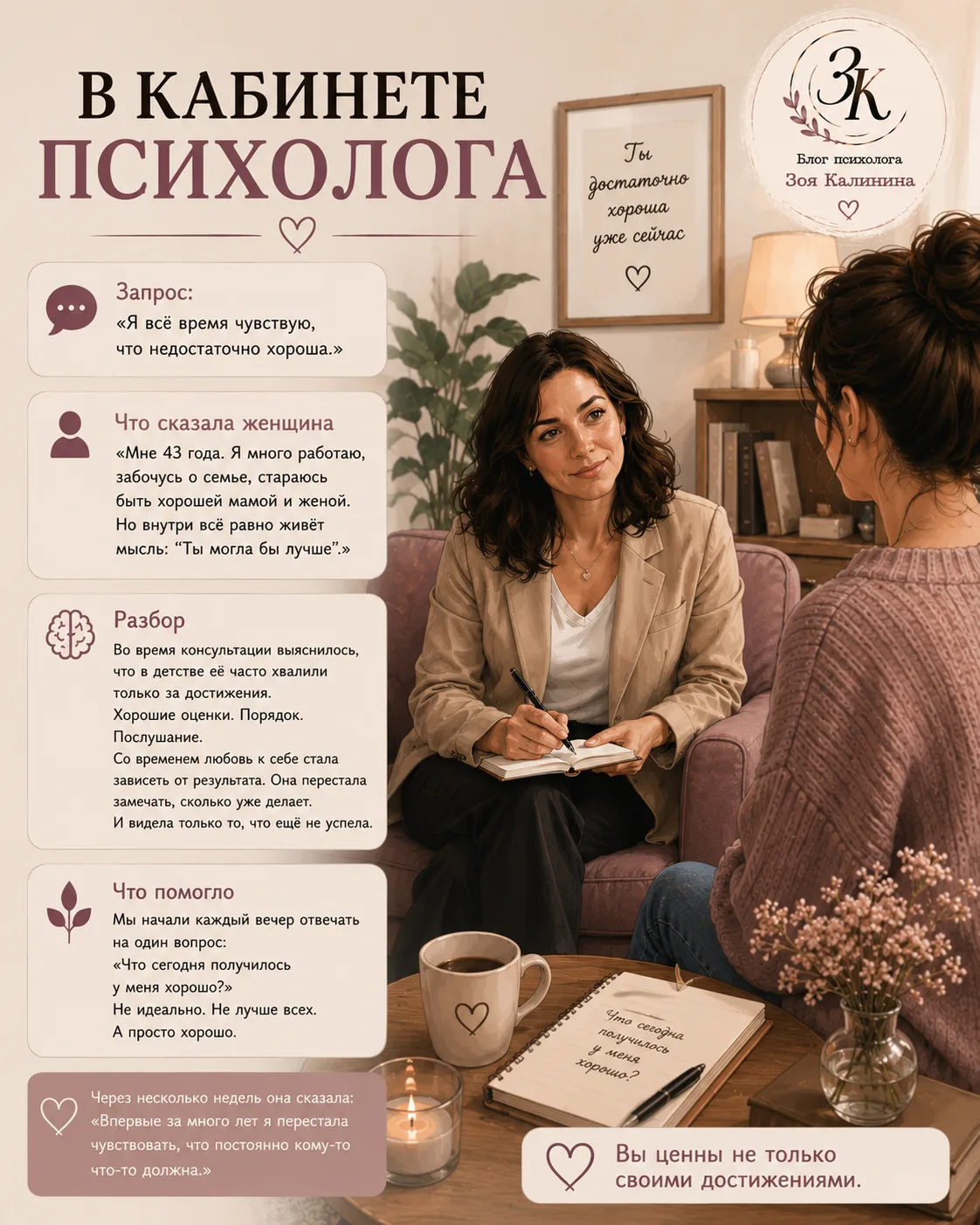 🛋️ В КАБИНЕТЕ ПСИХОЛОГА
Запрос: «Я всё время чувствую, что недостаточно хороша.»

📌 Что сказала же