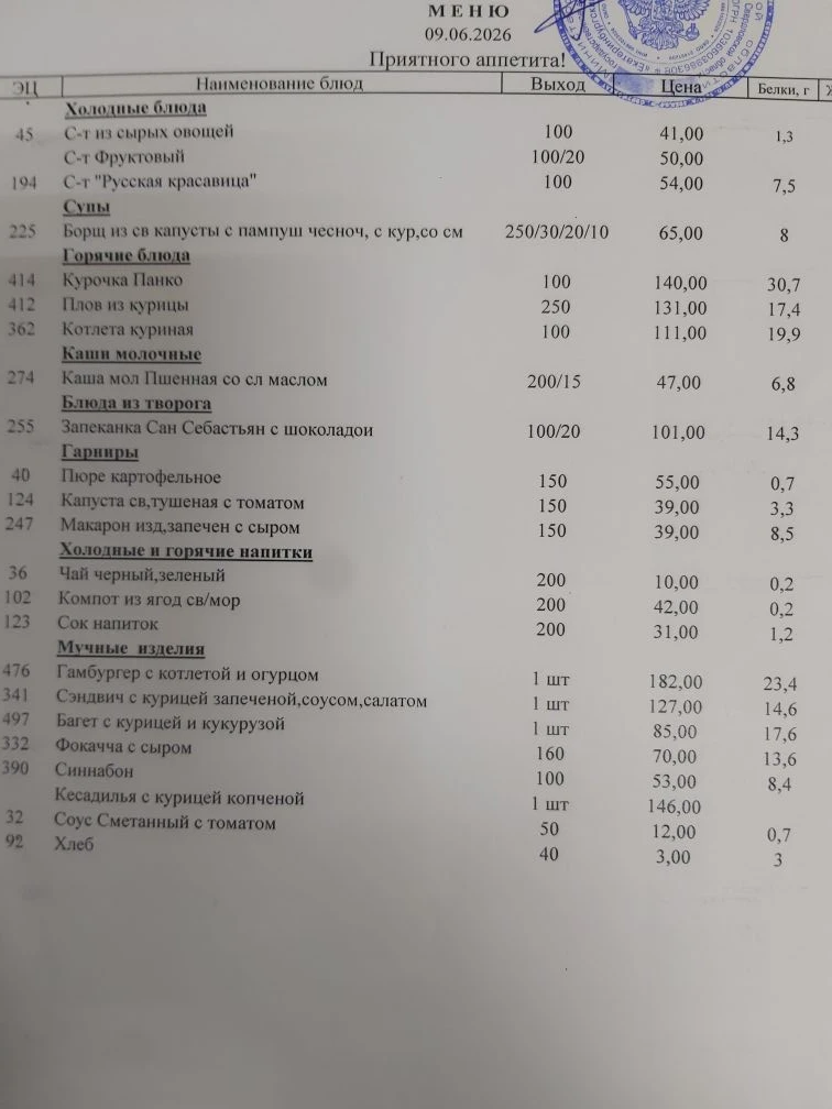 Меню сегодня