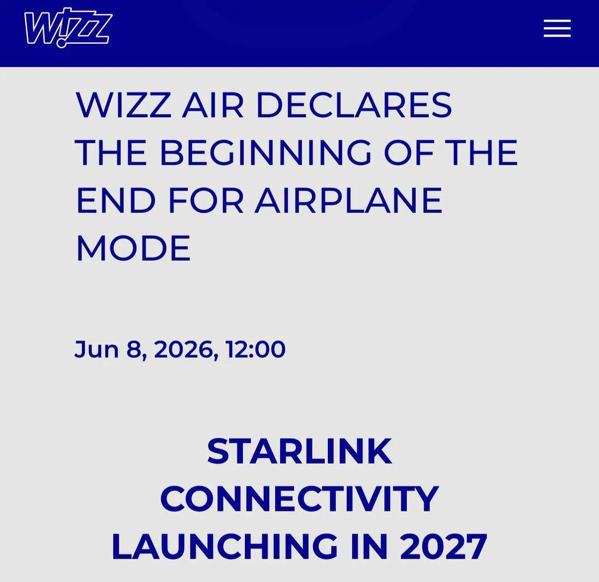 Wizz Air хочет подключить интернет от Starlink во всех своих самолетах в 2027 году.

Венгерская авиа
