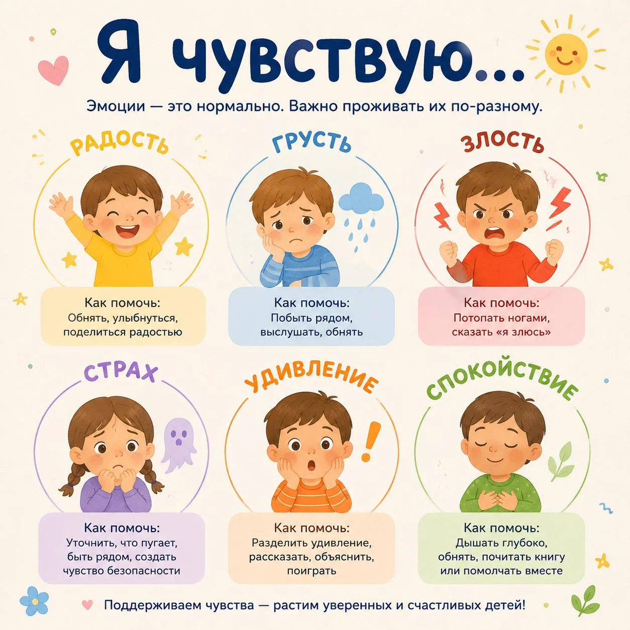 Учим детей проживать эмоции, а не подавлять их.

6 чувств — 6 подсказок, как помочь.

Забирайте памя