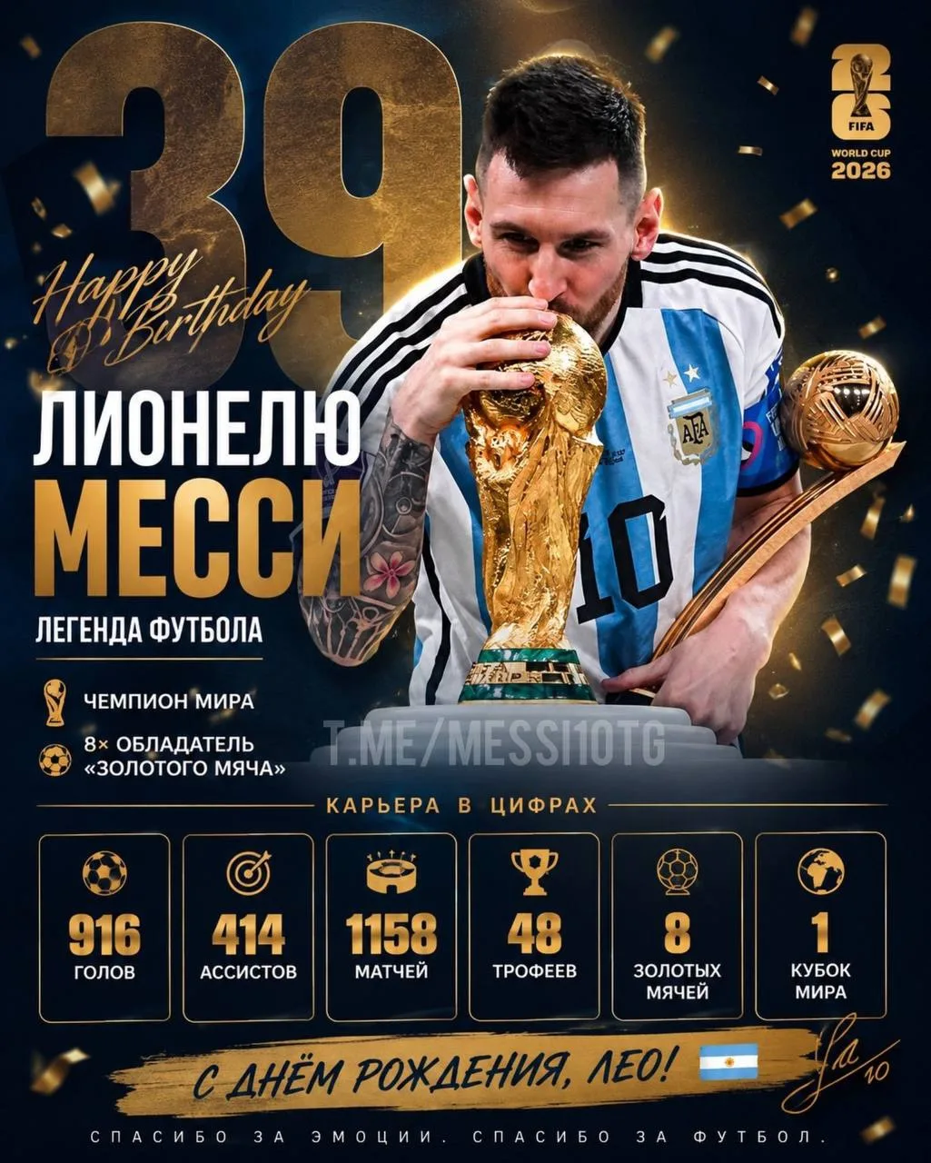 🐐 Сегодня исполняется 39 лет Лионелю Месси!

🎉 С днём рождения, легенда. Чемпион мира, восьмикратн