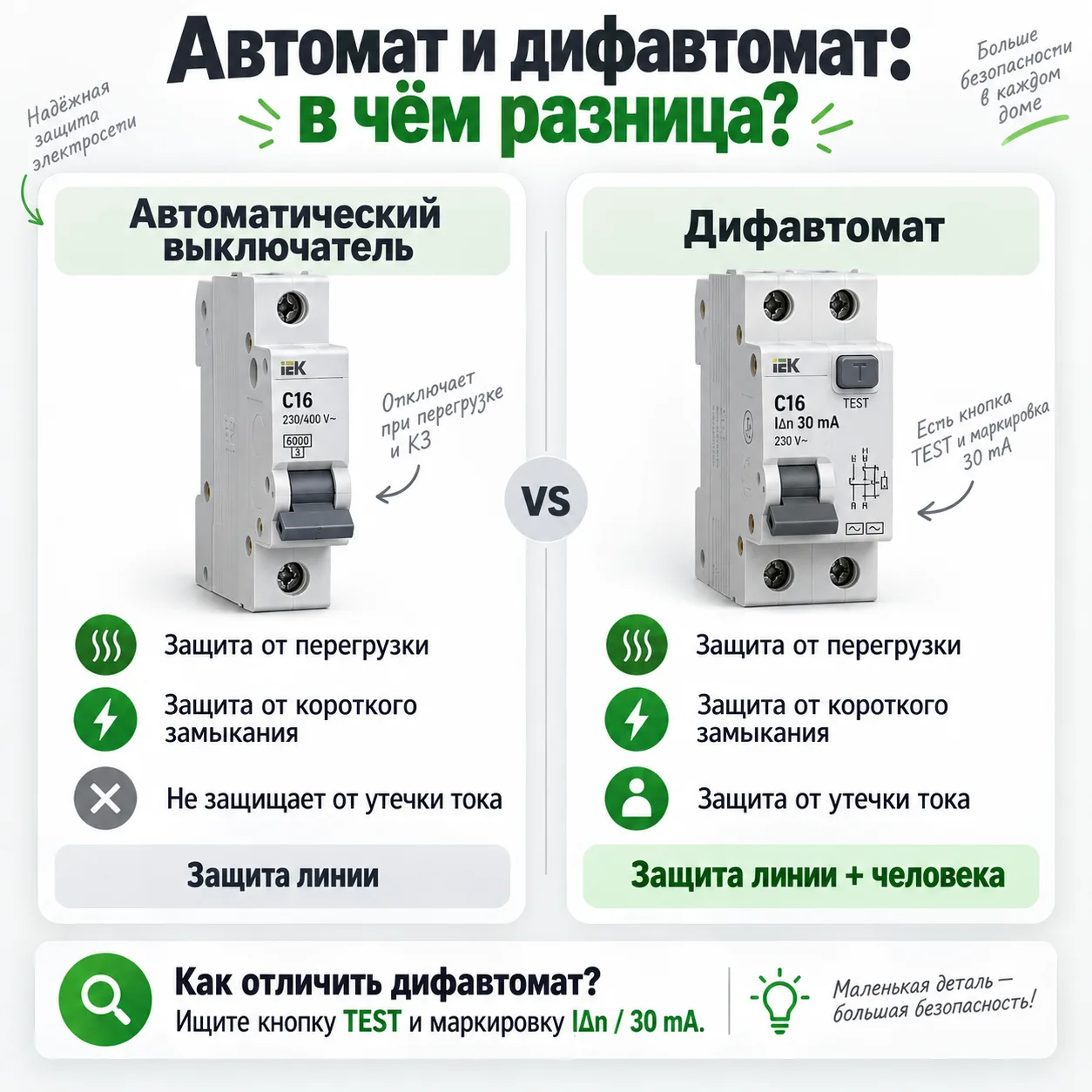 💡 Обычный автомат и дифавтомат: внешне похожи, задачи разные