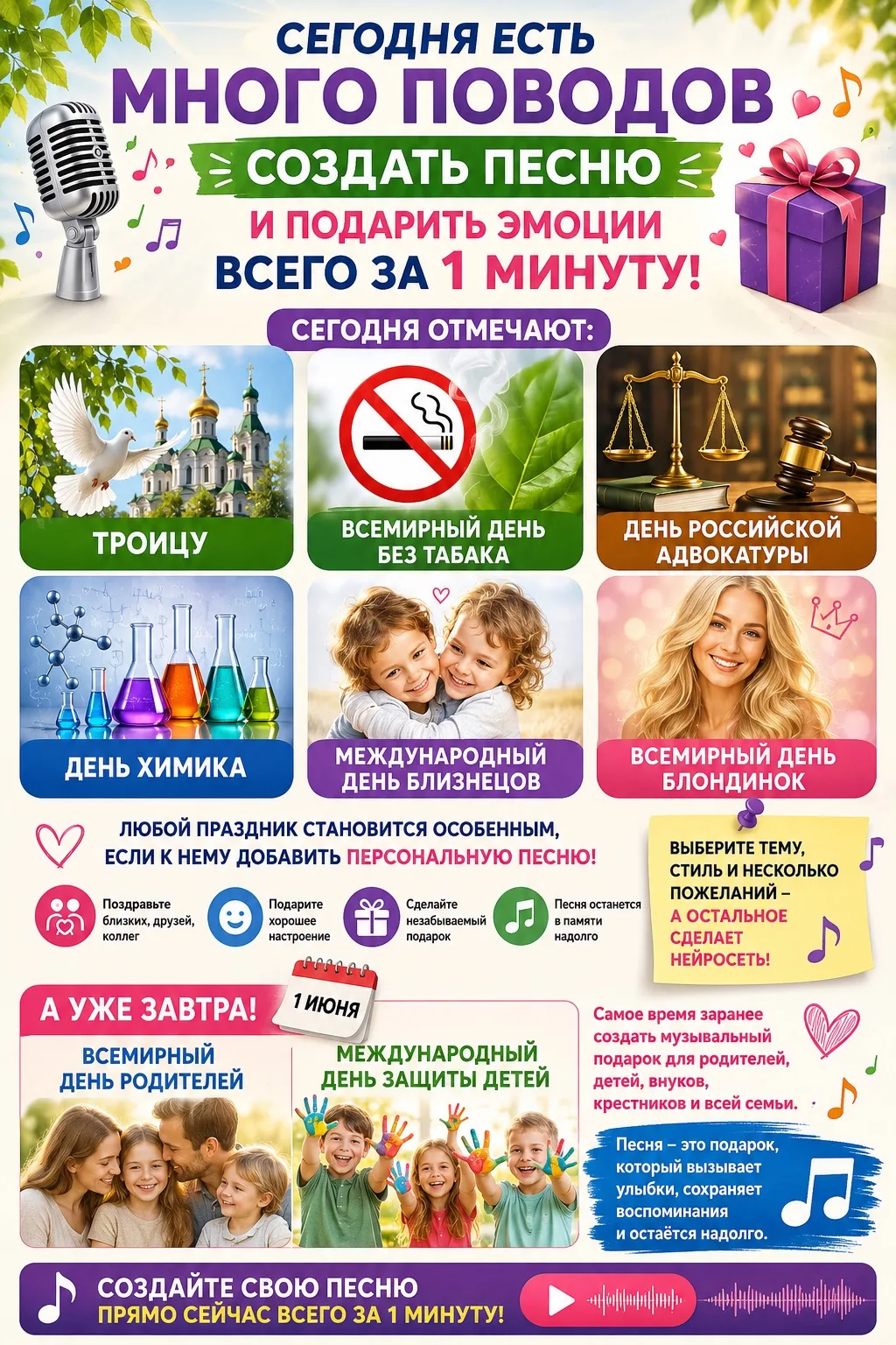 🎶 Сегодня есть много поводов создать песню и подарить эмоции всего за 1 минуту 👉 СОЗД...