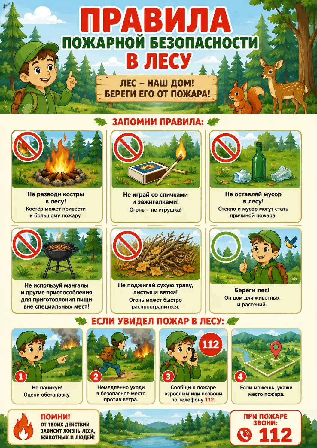 🌲🔥 Правила пожарной безопасности в лесу

🌳 Лес – наш дом! Береги его от пожара!

Запомни правила: