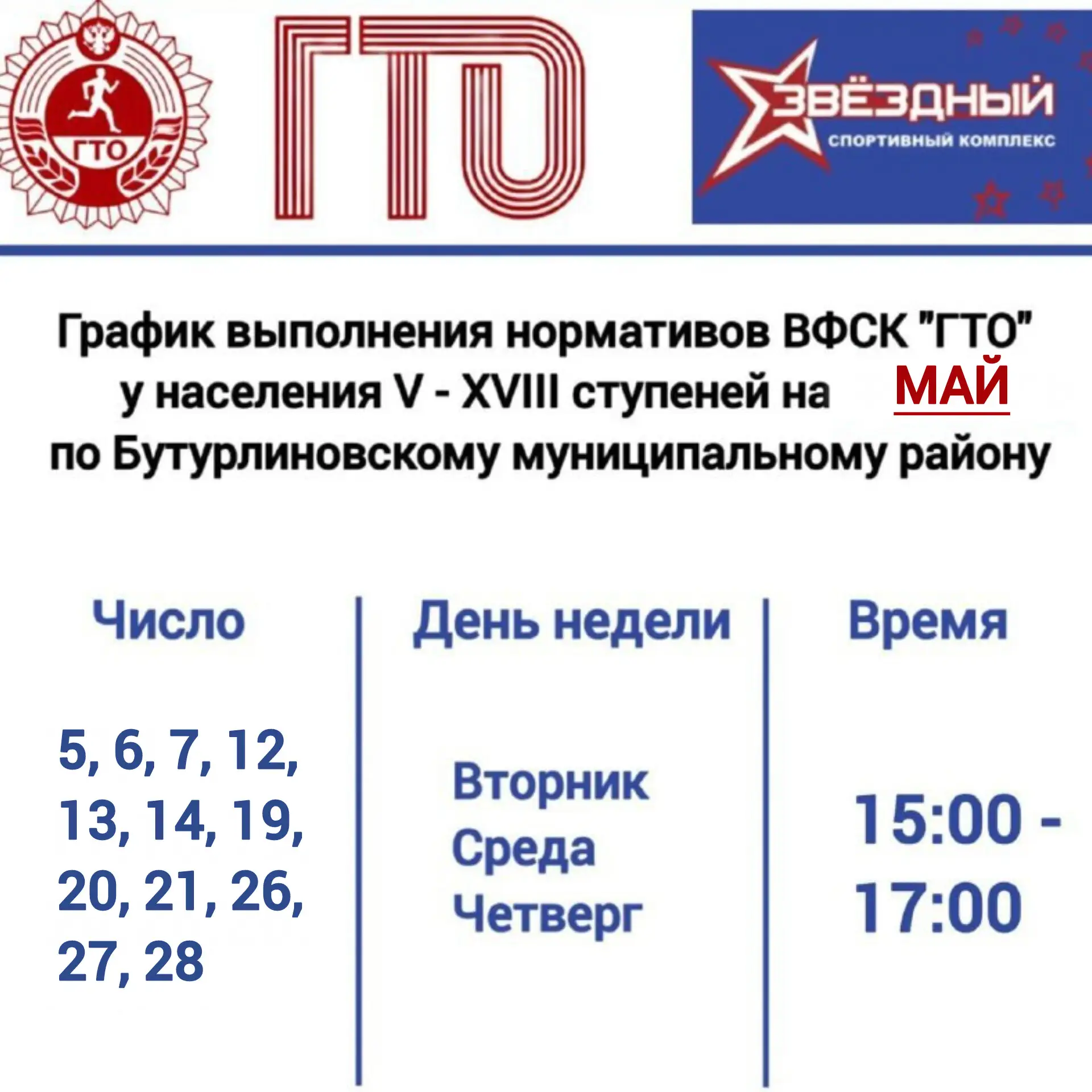 График выполнения нормативов ВФСК «ГТО» у населения V - XVIII ступеней на МАЙ 2026 г. по Бутурлиновс