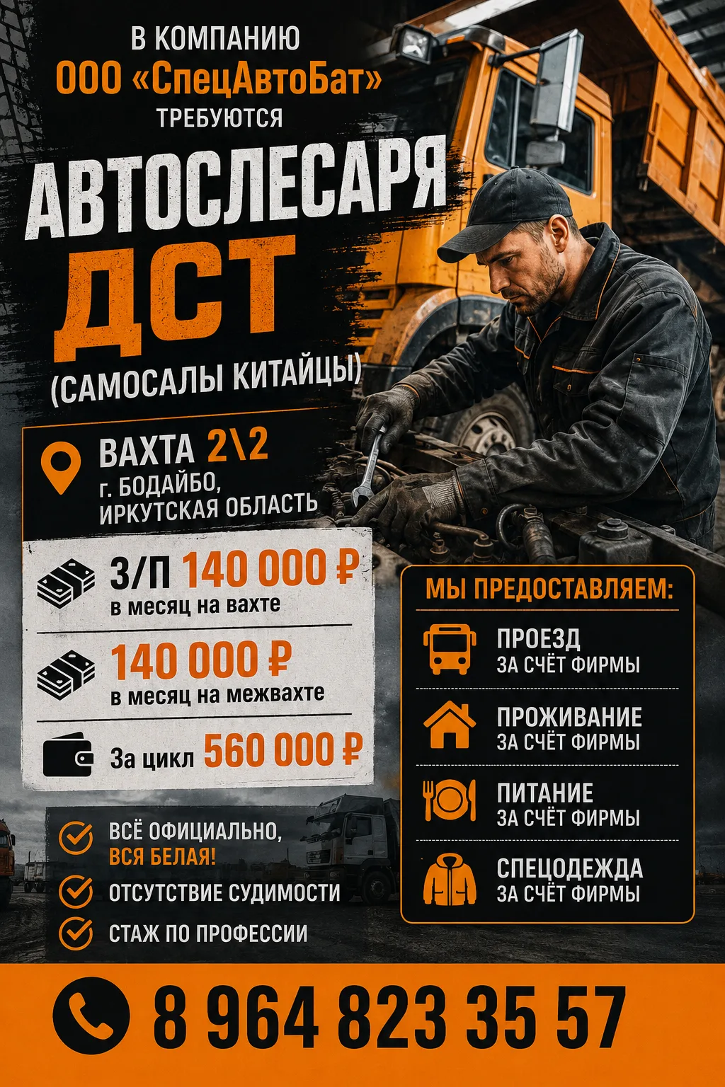 🚛 ООО «СпецАвтоБат» приглашает на работу!

 🚛🔧 Автослесарь ДСТ
 (ремонт китайских самосвалов)

📍