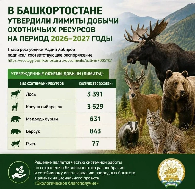 🦌В Башкирии утвердили лимиты добычи животных на охотничий сезон 2026–2027 годов.