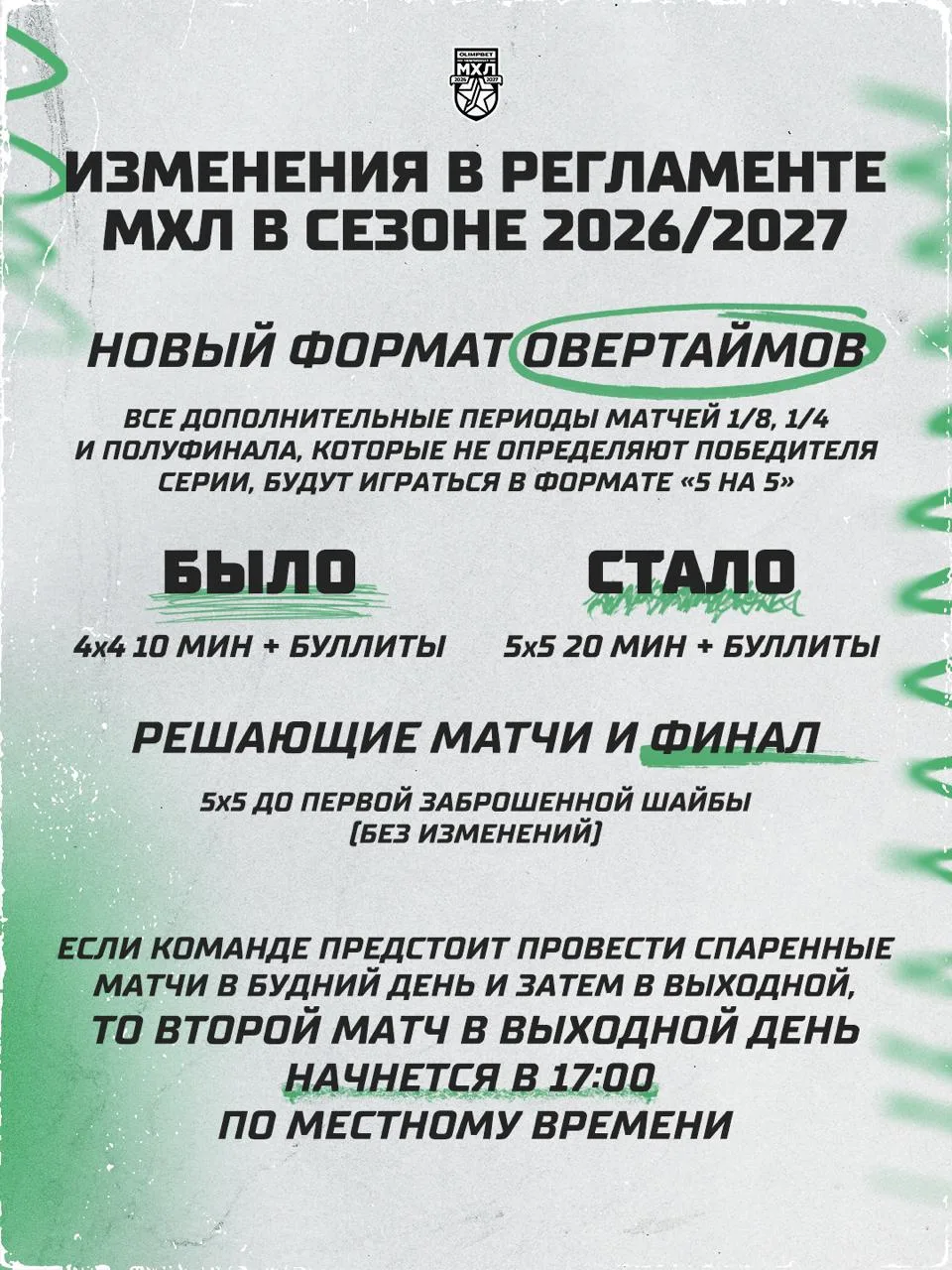 Изменения в Регламенте МХЛ: новый формат овертаймов в плей-офф и безопасность игроков