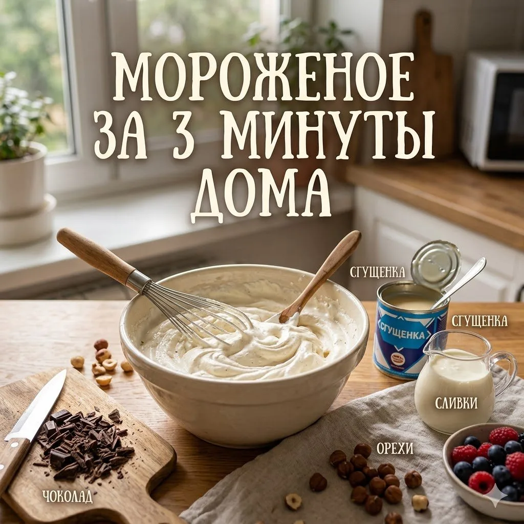 Домашнее мороженое за пару минут

Понадобится: 200–250 мл сливок 33%, 100 г сгущёнки и любая начинка