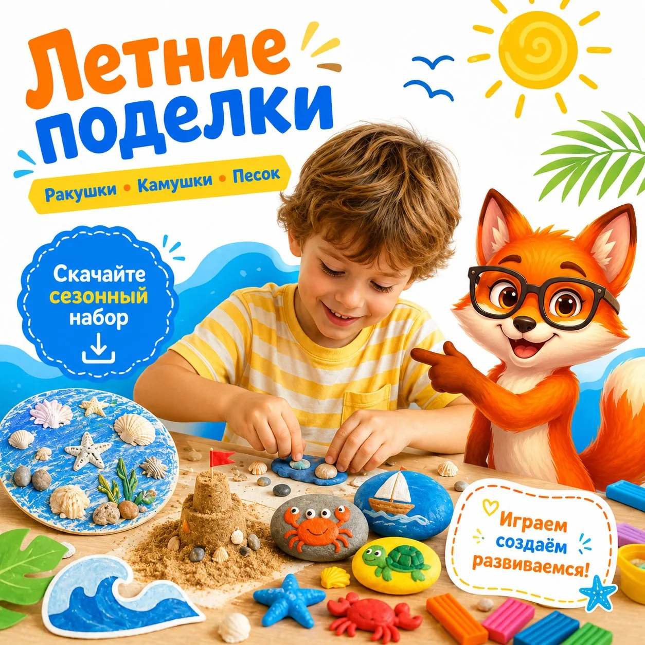 📥 Полезные материалы: Сезонный набор «Летние поделки» — из ракушек, камушков, песка.