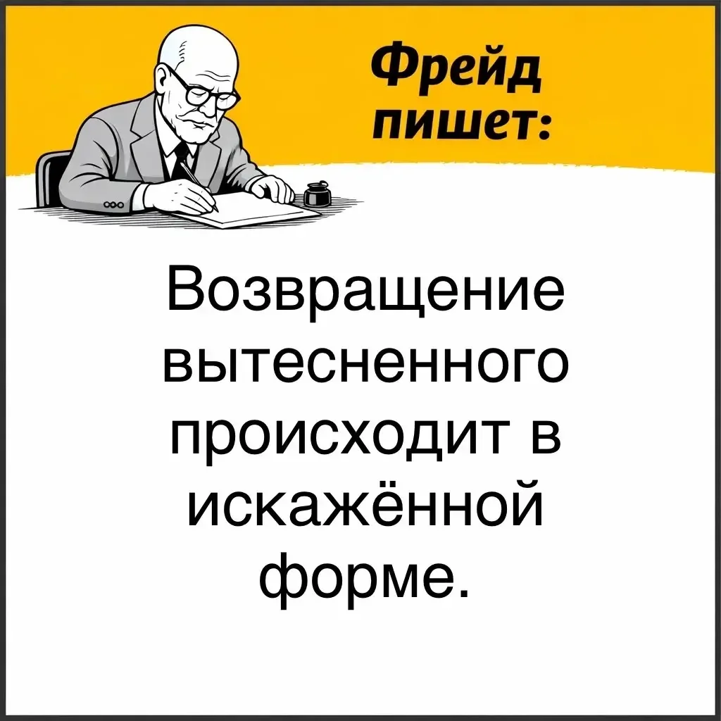 Фрейд уточнял: если бы вытесненное возвращалось напрямую, психика снова бы его закрыла. Поэтому оно 