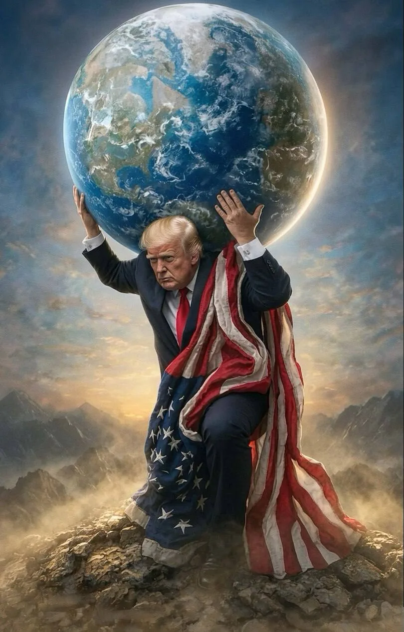 Трамп изобразил себя в виде атланта, держащего земной шар.