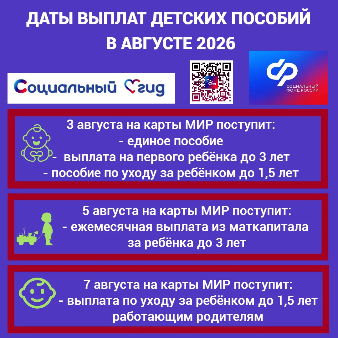 Дни зачисления выплат семьям с детьми

🧰 3, 5 и 7 августа будут зачисляться выплаты на карты и счет