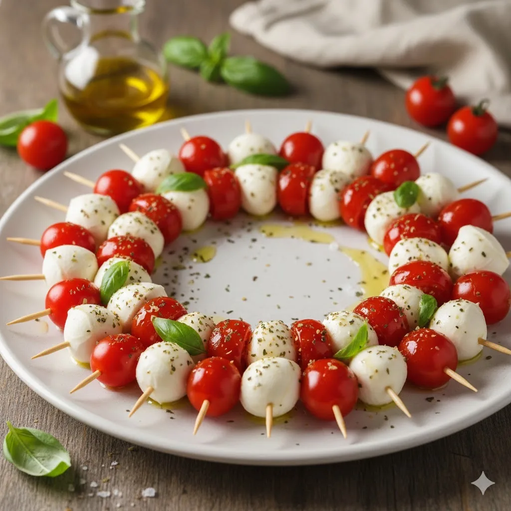 🥗Закуска «Зимний венок» из моцареллы и черри🥗 
⏱10 минут | 155 ккал(100 г)

🛒Что нужно: 
⚪️Моцаре