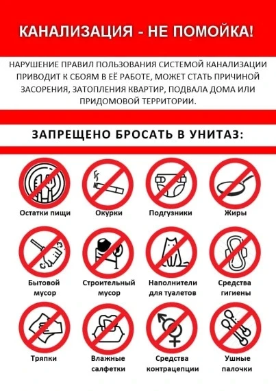 ❗❗❗Уважаемые жители! Напоминаем, что в унитаз ни в коем случае нельзя бросать: