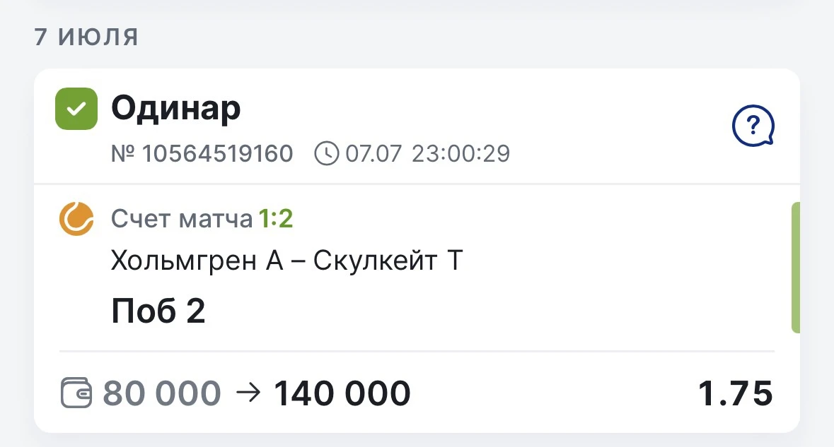 Очень уверенная победа бесплатного матча ✅✅

Матч Хольмгрен — Скулкейт завершился со счетом 3:6, 7:6