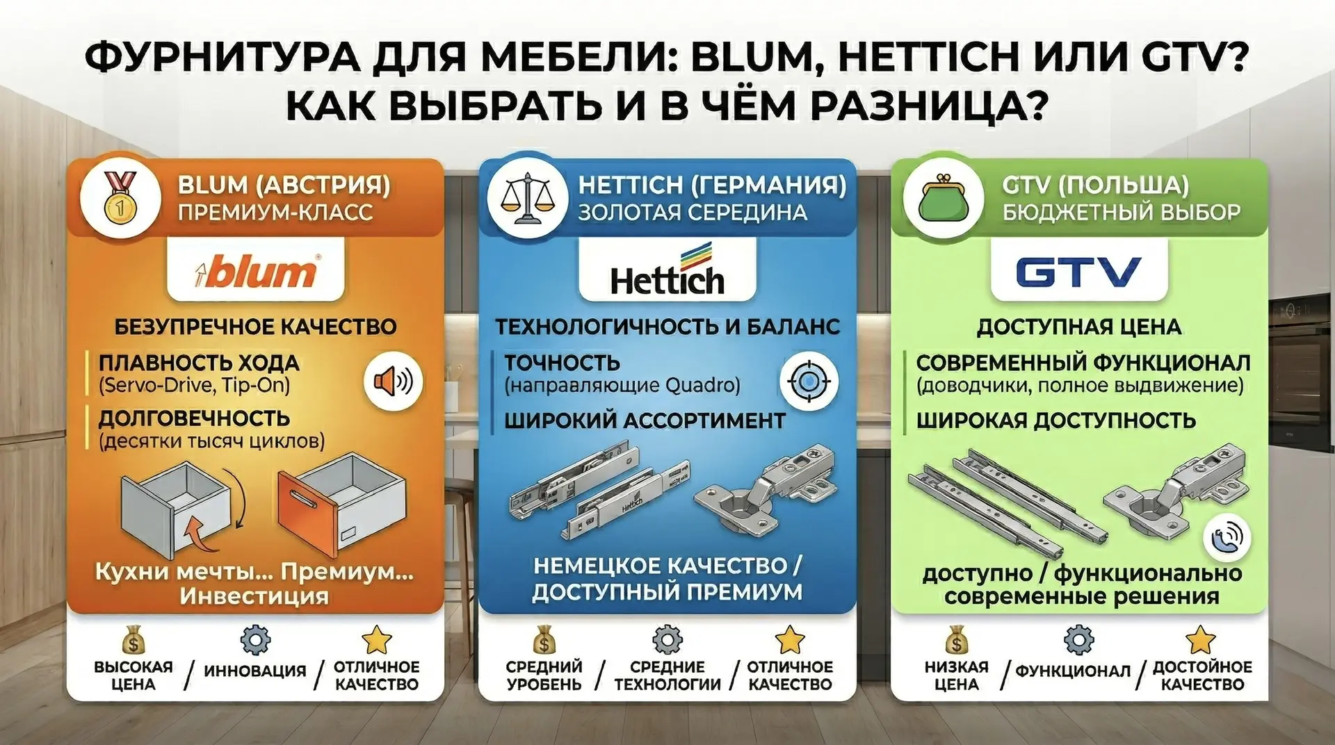 🔥 Фурнитура для мебели: Blum, Hettich или GTV — за что платим и на чем можно сэкономить?