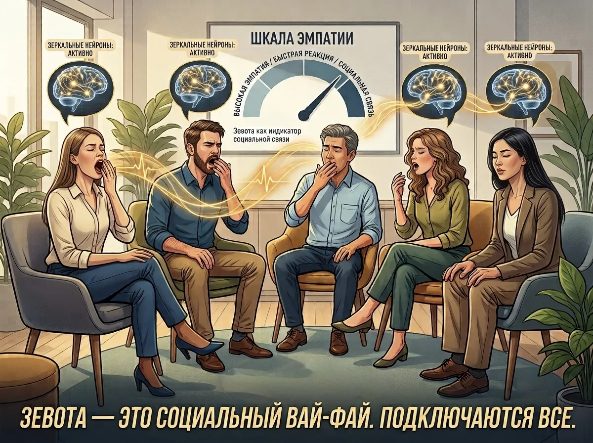 Эмпатия на уровне клеток: Почему зевота и смех абсолютно «заразны» 🥱😂🧠