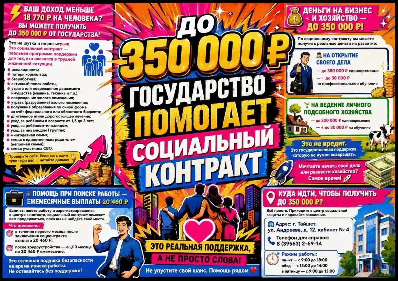 📌Информируем  жителей Тайшетского округа о возможности заключения социального контракта для граждан