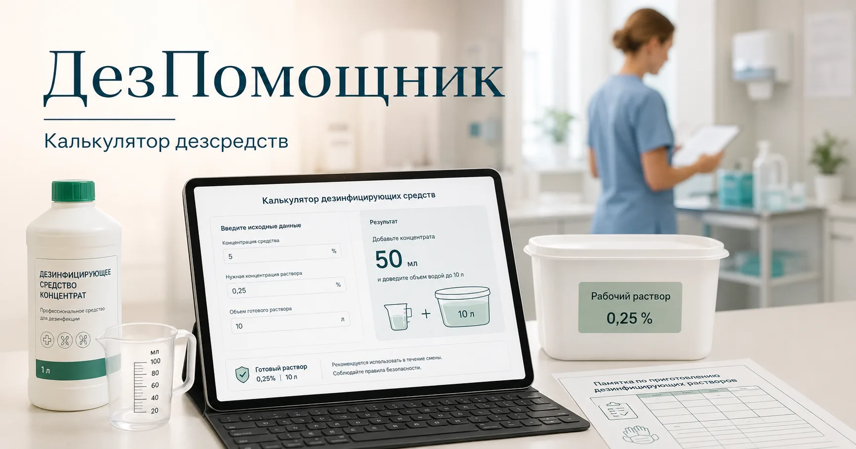 Мы сделали бесплатный ДезПомощник для медицинских организаций. Он помогает рассчитать, ...