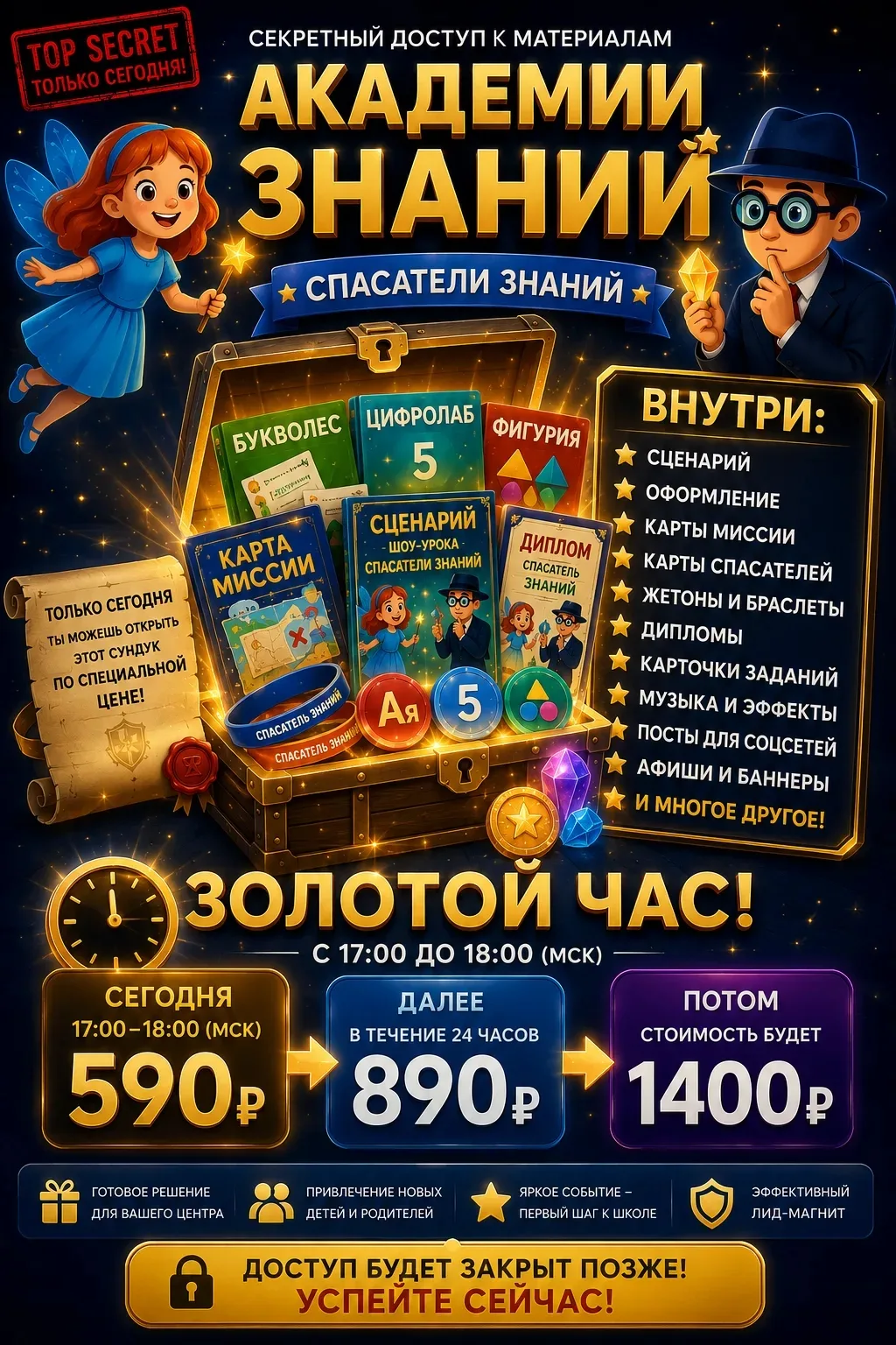 🚨 ЗОЛОТОЙ ЧАС ОТКРЫТ!

ШОУ-УРОК «СПАСАТЕЛИ ЗНАНИЙ»
Сегодня только с 17:00 до 18:00 по московскому в