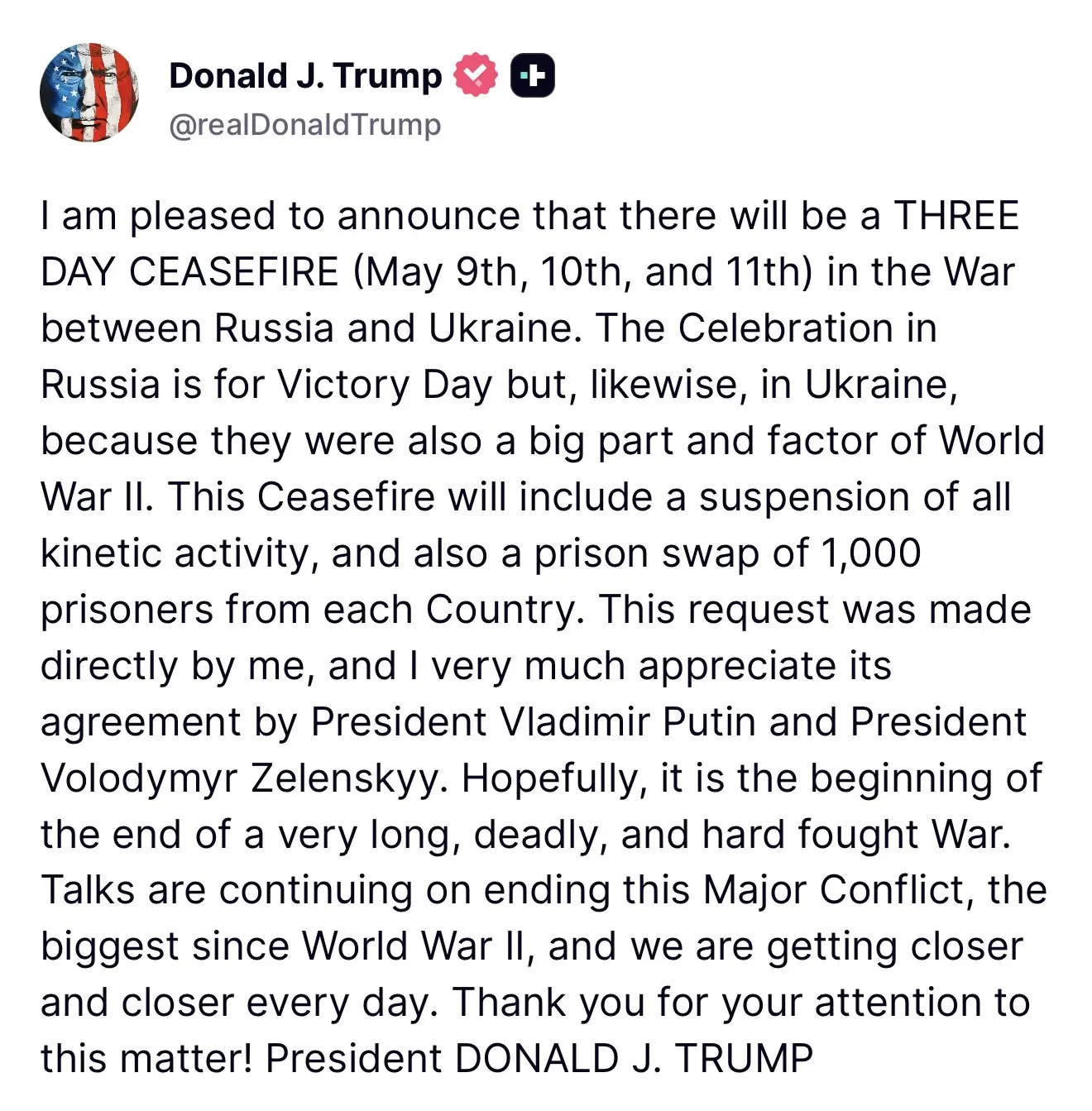 Трамп - объявил о прекращении огня между Россией и Украиной на 3 дня: