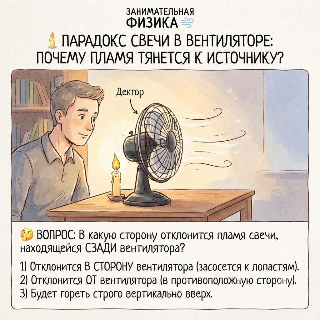 💨 ПАРАДОКС СВЕЧИ В ВЕНТИЛЯТОРЕ: ПОЧЕМУ ПЛАМЯ ТЯНЕТСЯ К ИСТОЧНИКУ?

Представьте настольный вентилято