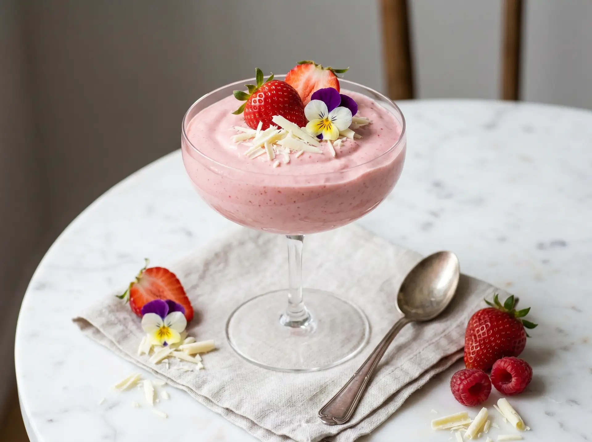 Клубничный мусс на белом шоколаде 🍓🍫

Ингредиенты: 
- Клубника 🍓 — 300 г;  
- Белый шоколад 🍫 — 