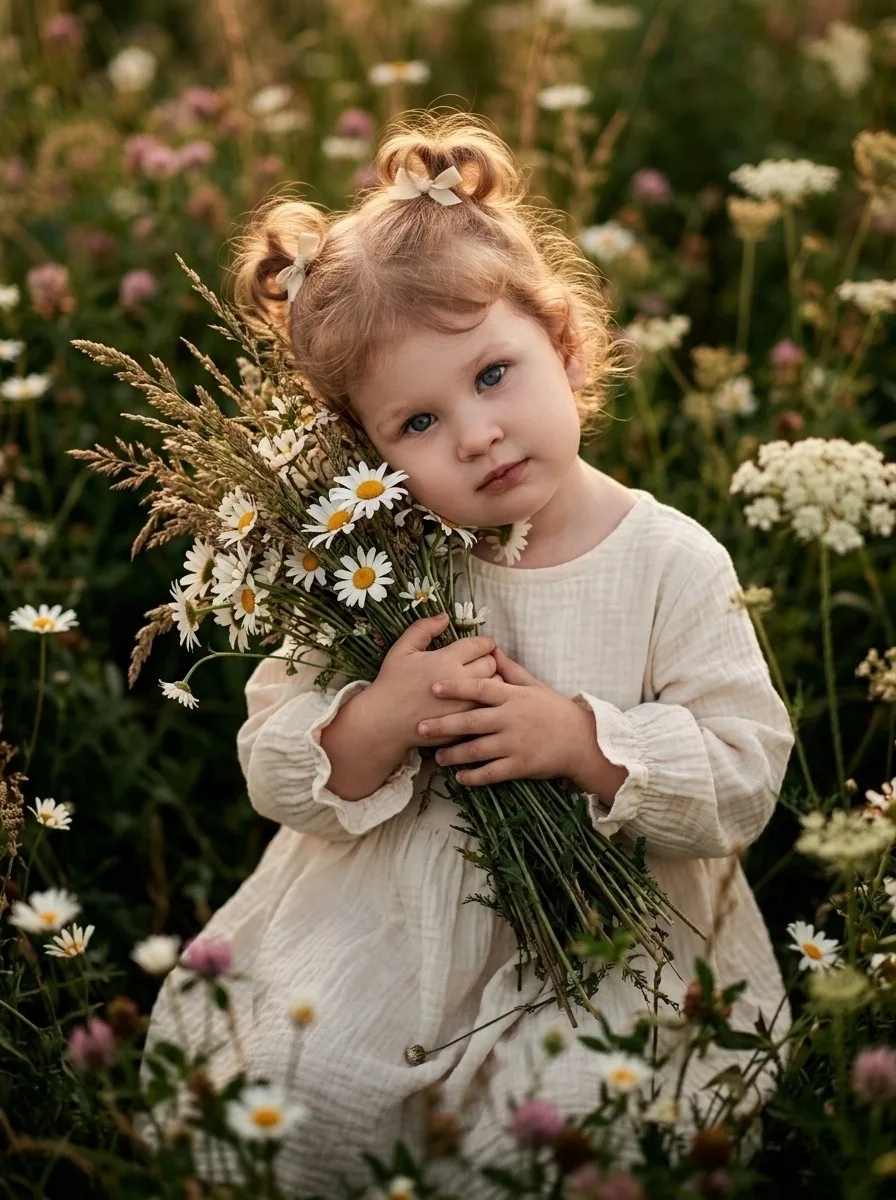 Фото в поле с букетом ромашек 🌸