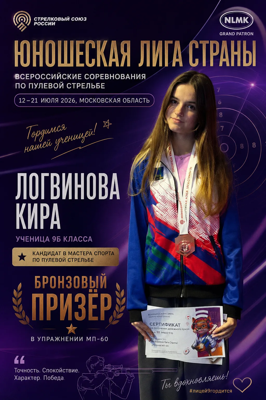 ЛИЦЕЙ № 9 ГОРДИТСЯ!

🥉 ЛОГВИНОВА КИРА,
ученица 9 «Б» класса,
кандидат в мастера спорта по пулевой с