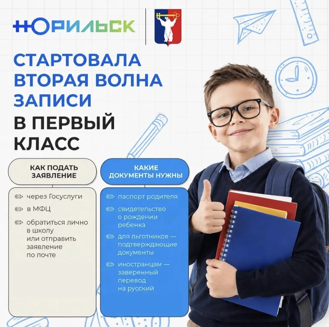 Родители будущих первоклассников, внимание!

✅ До 5 сентября проходит вторая волна приема заявлений 
