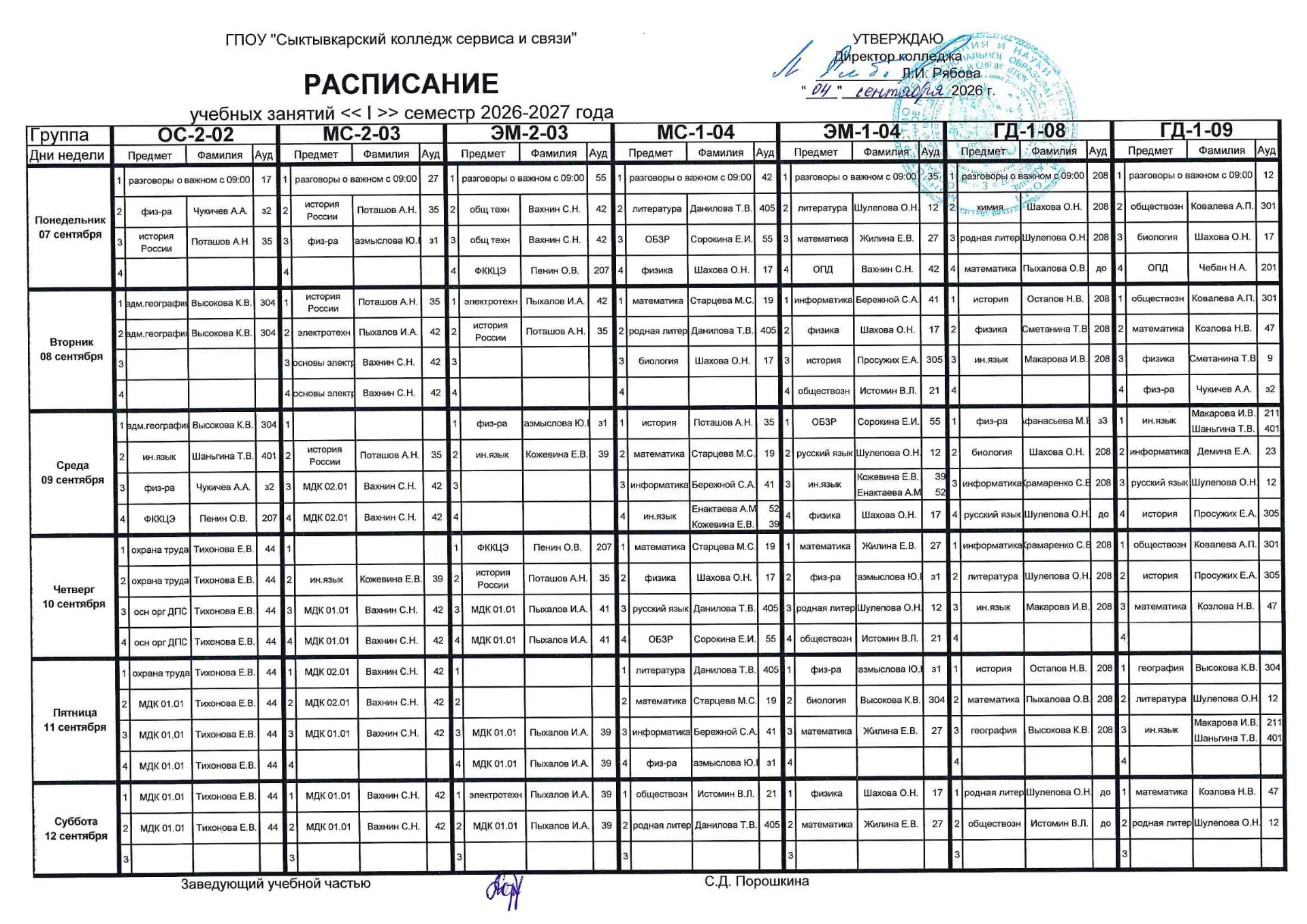 Расписание учебных занятий с 07.09.2026 по 12.09.2026