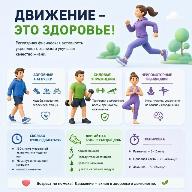 Регулярная физическая активность помогает поддерживать здоровье сердца и сосудов, укреплять мышцы, у