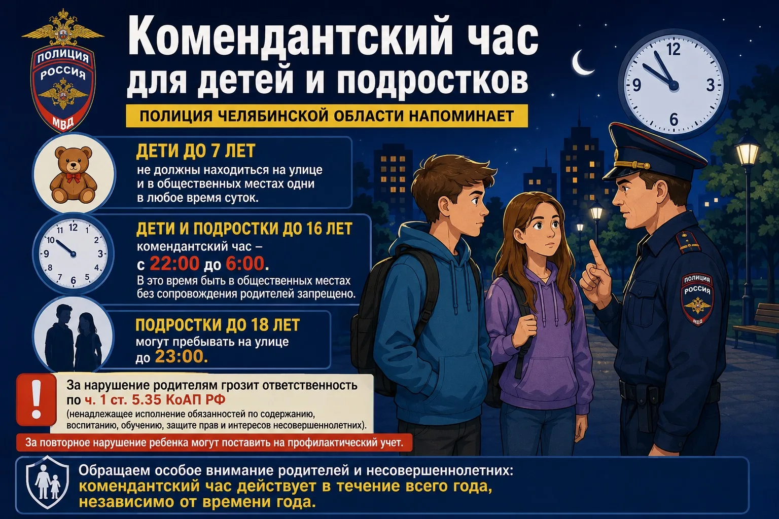 🚔🌙 Полиция Челябинской области напомнила о комендантском часе для детей и подростков🌙🚔