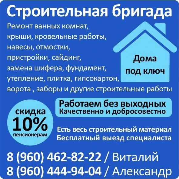 Строительная бригада выполнит любые работы — от ремонта ванной до строительства дома по...