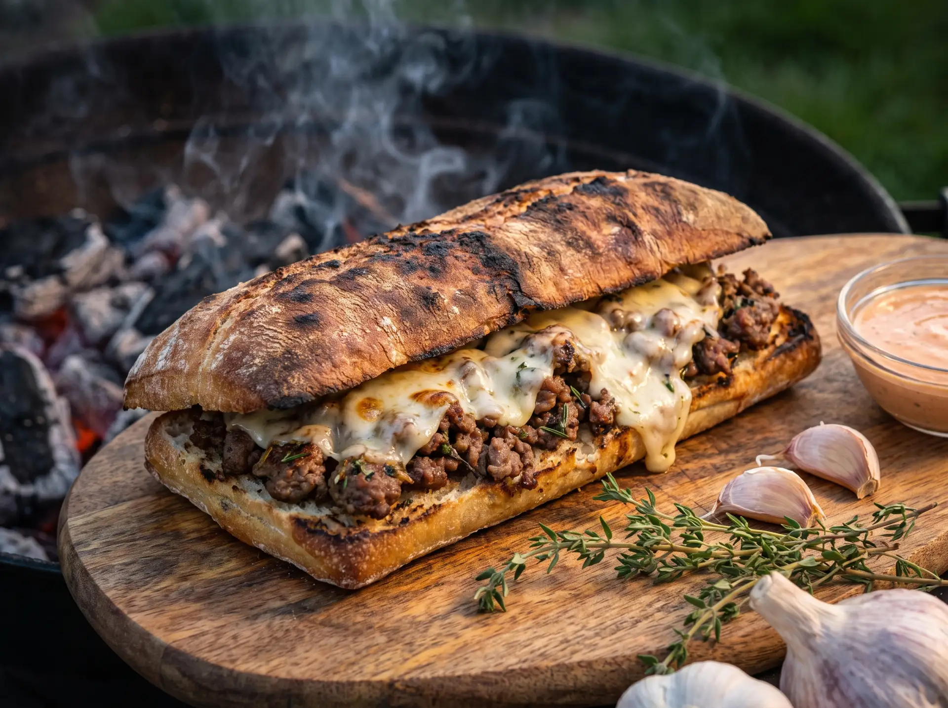 🍔🥩 Чиабатта с фаршем и сыром на мангале — сытная закуска для пикника или уютного вечера! 🏖️

 Инг