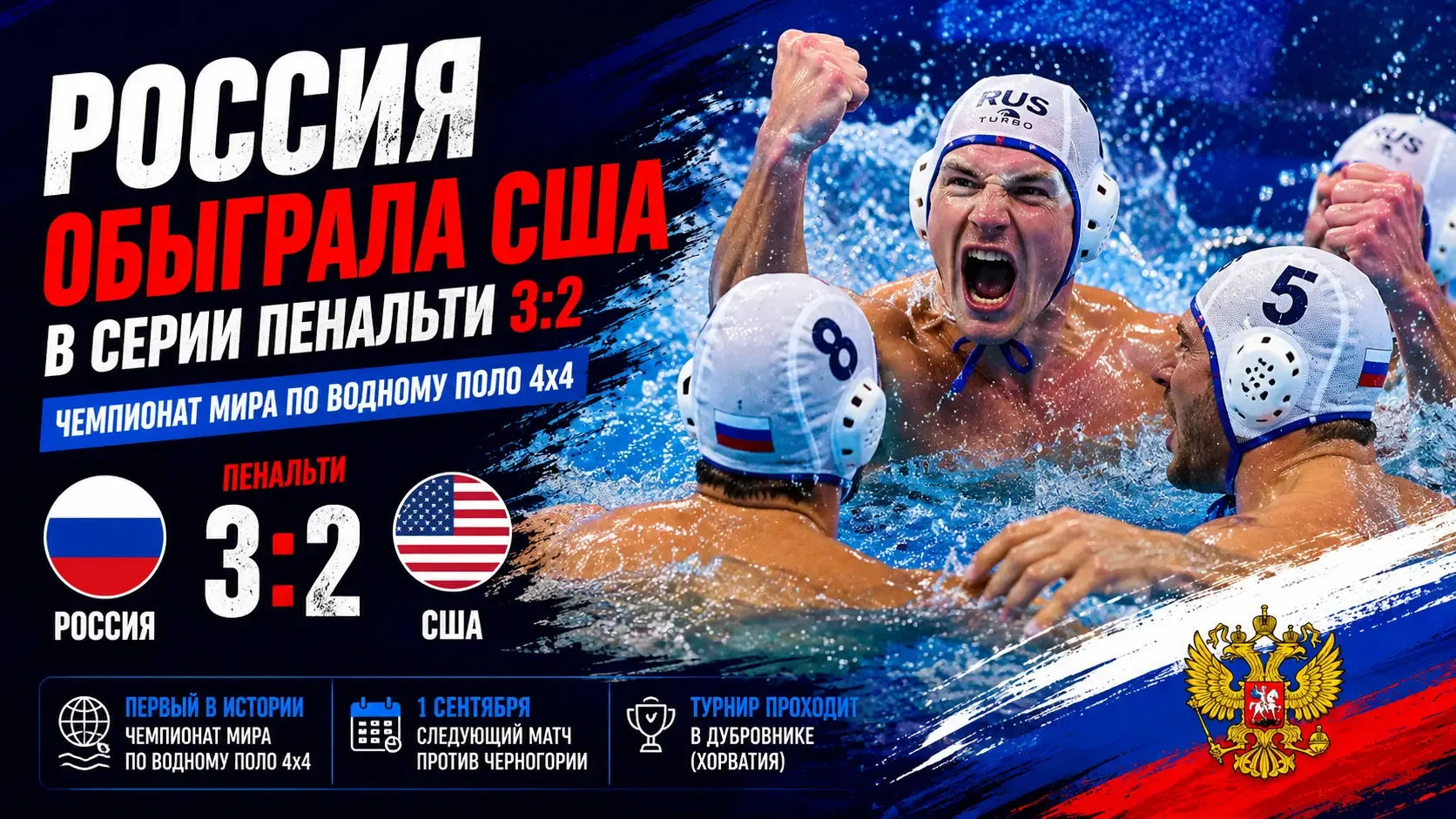Россия обыграла США в историческом матче ЧМ по водному поло 4х4: всё решила серия пенальти