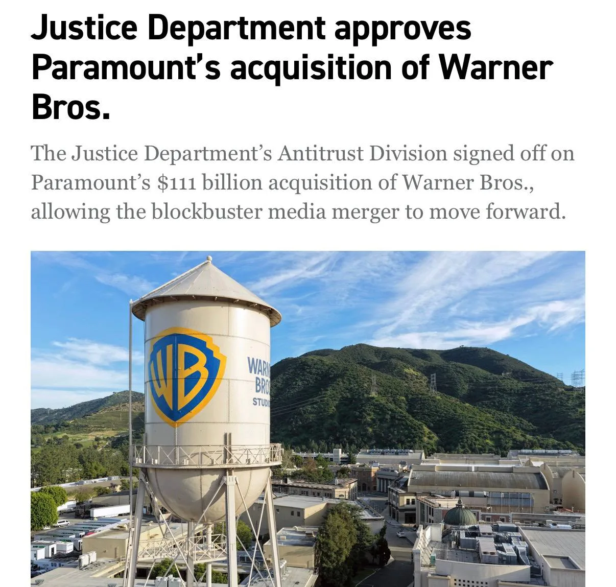 📺 Paramount всё-таки купит Warner Bros

Минюст США одобрил сделку по слиянию на сумму $111 млрд.

П