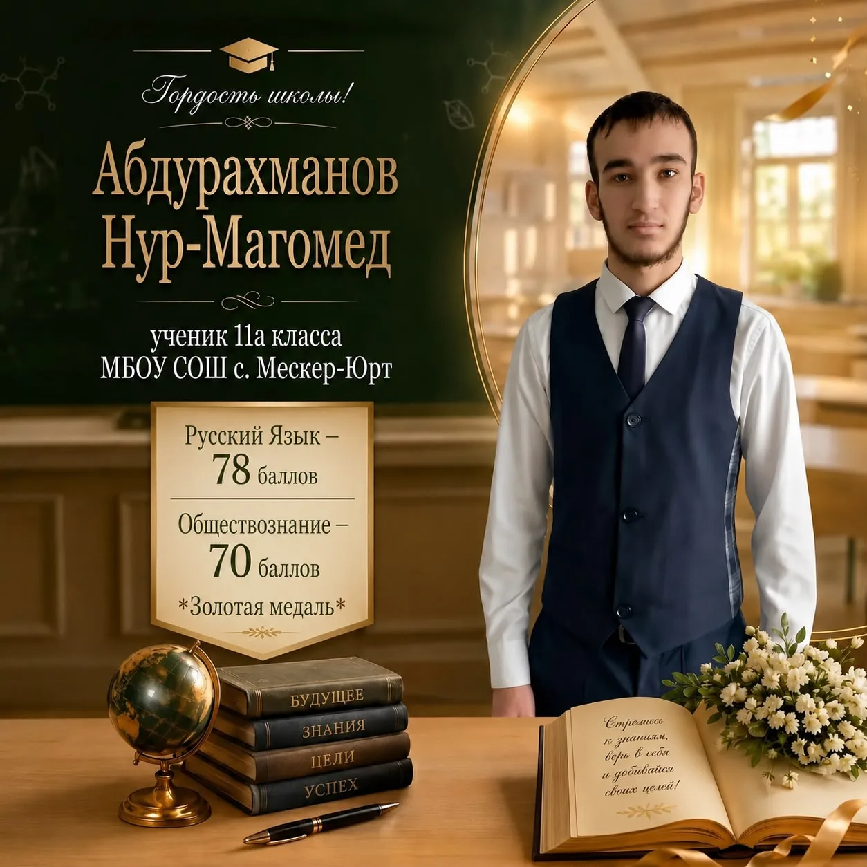 Абдурахманов Нур-Магомед — один из лучших учеников школы. За время обучения зарекомендовал себя как 