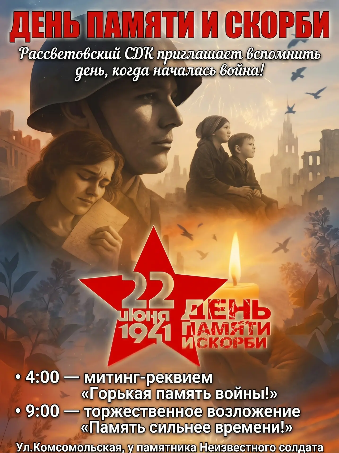День памяти и скорби. 22 июня.

Рассветовский СДК приглашает вспомнить день, когда началась война. П