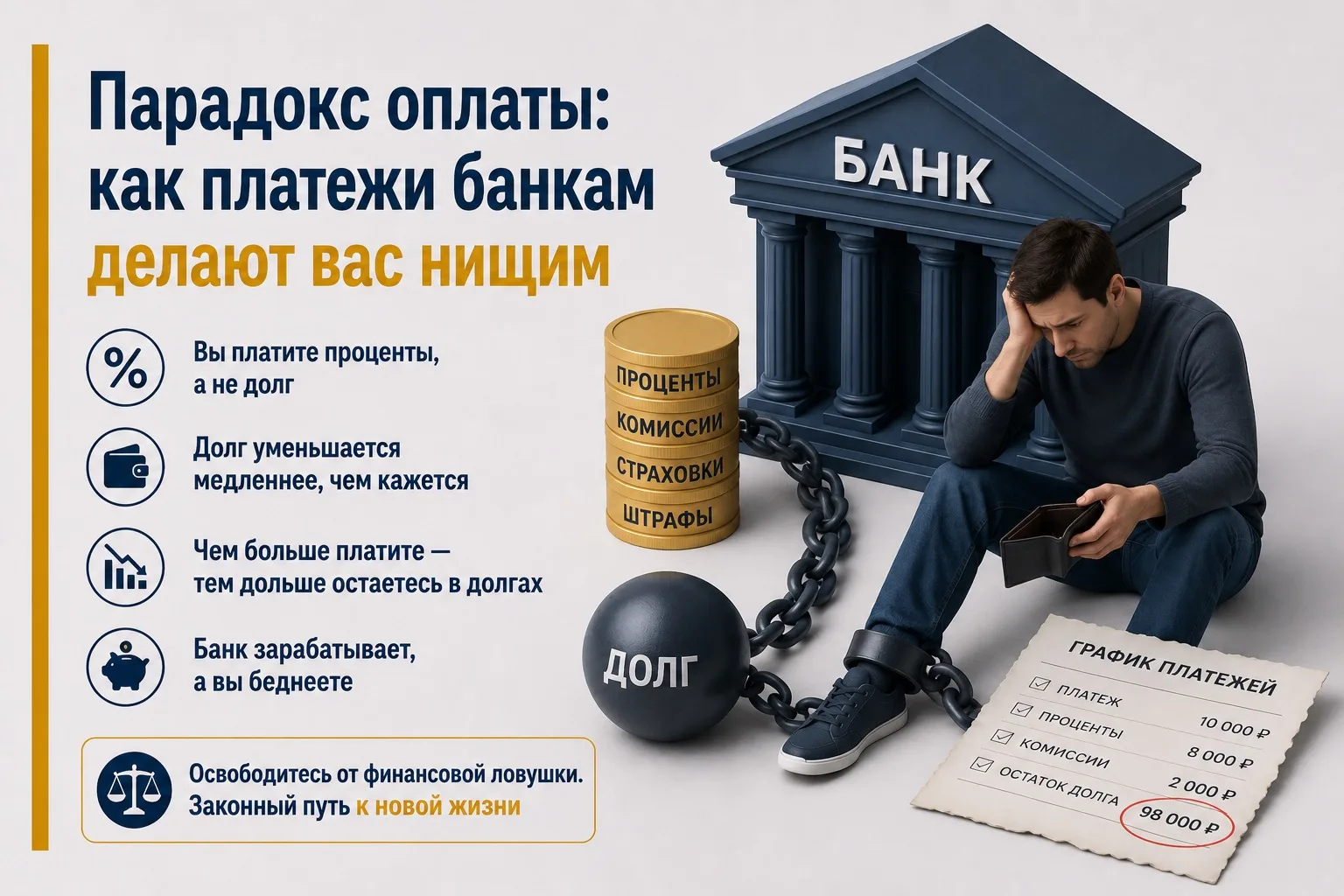 Парадокс оплаты: как платежи банкам делают вас нищим

Вы платите банкам по 40 000 ₽ в месяц, надеясь