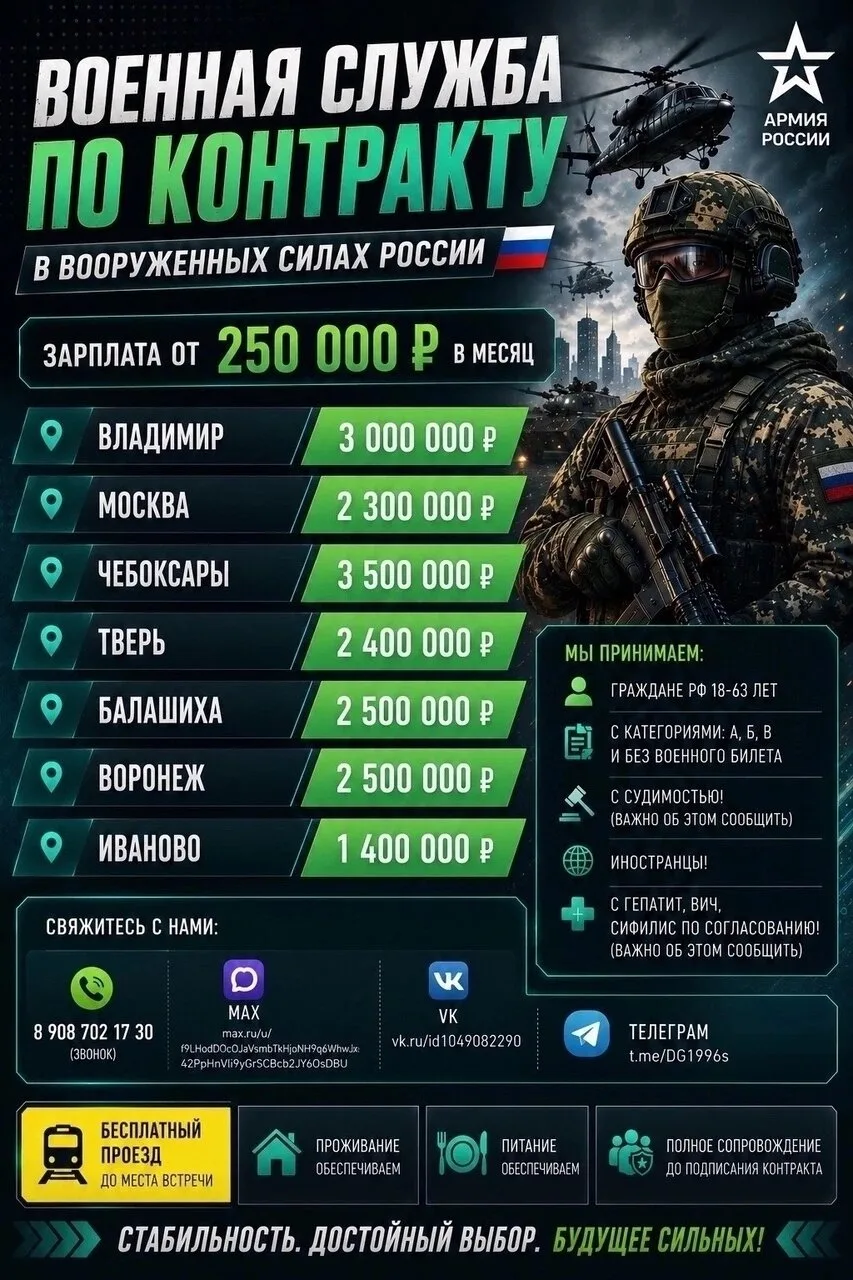 Требуются кандидаты на службу по контракту в Министерство обороны РФ