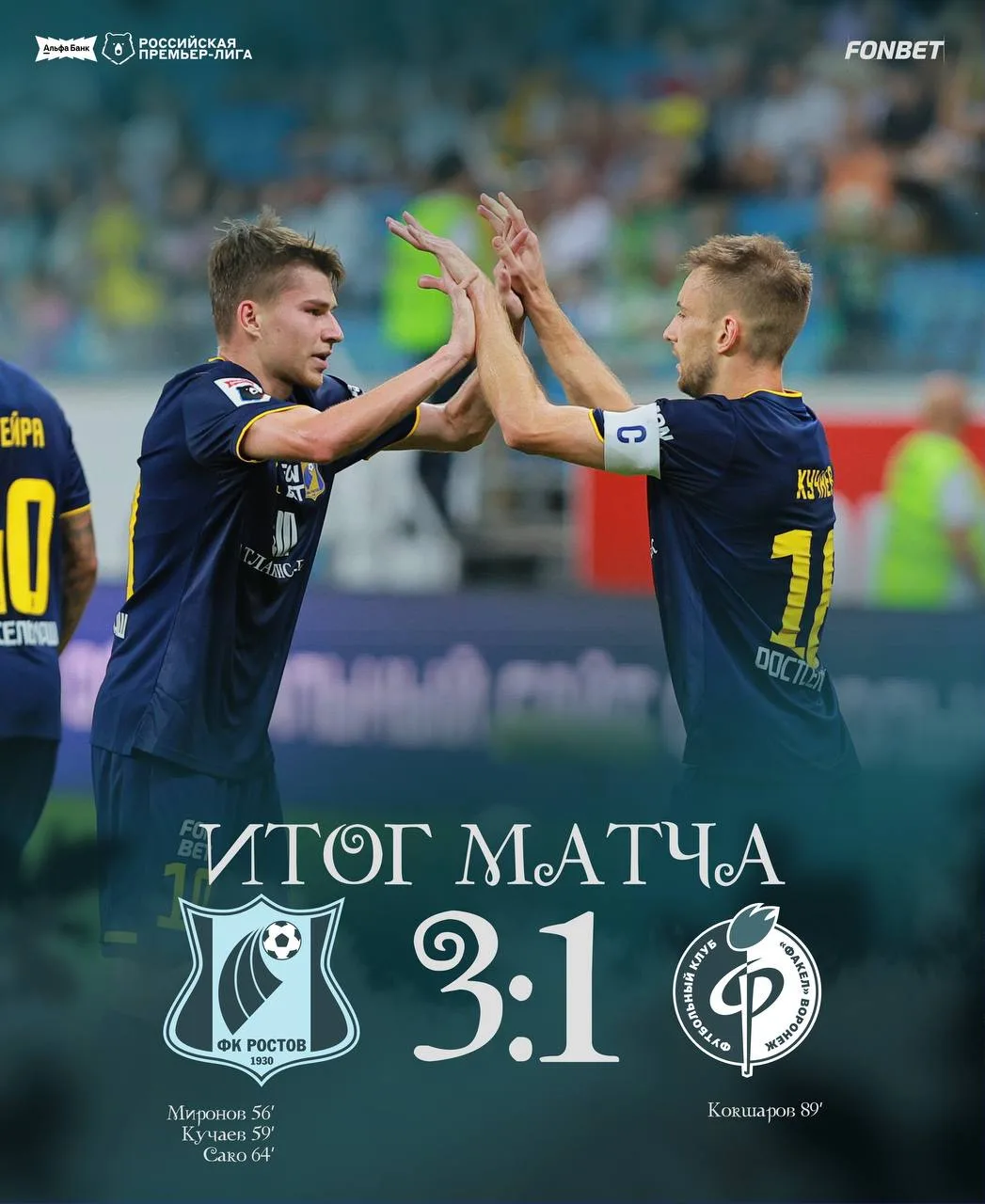 ⚽️ Футболисты "Ростова" со счетом 3:1 обыграли воронежский "Факел" в матче седьмого тур...