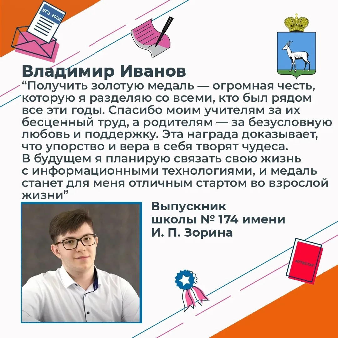 ⚡️ Выпускник школы №174 Самары получил медаль

Владимир Иванов, выпускник школы №174 им. И.П. Зорина