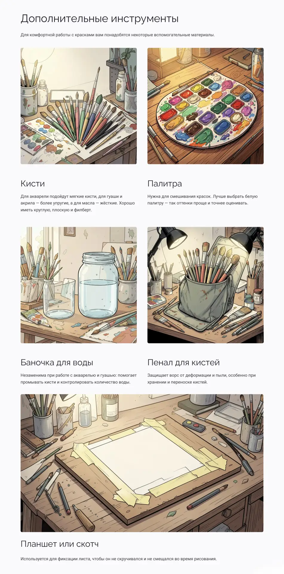 🧰 Инструменты и мелочи — зачем нужна белая палитра, какие кисти взять под разные техни...