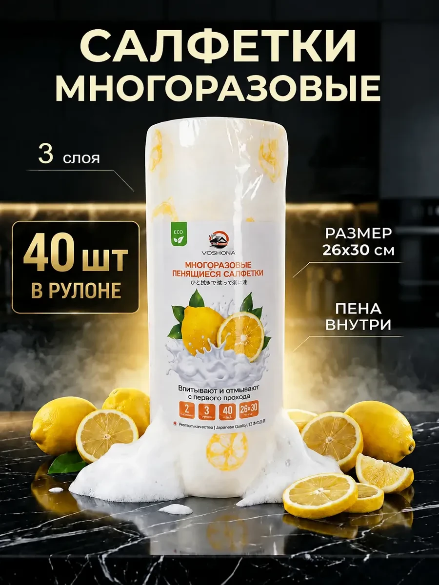 ⚡️ Салфетки для уборки пенящиеся многоразовые рулоне, 40 шт