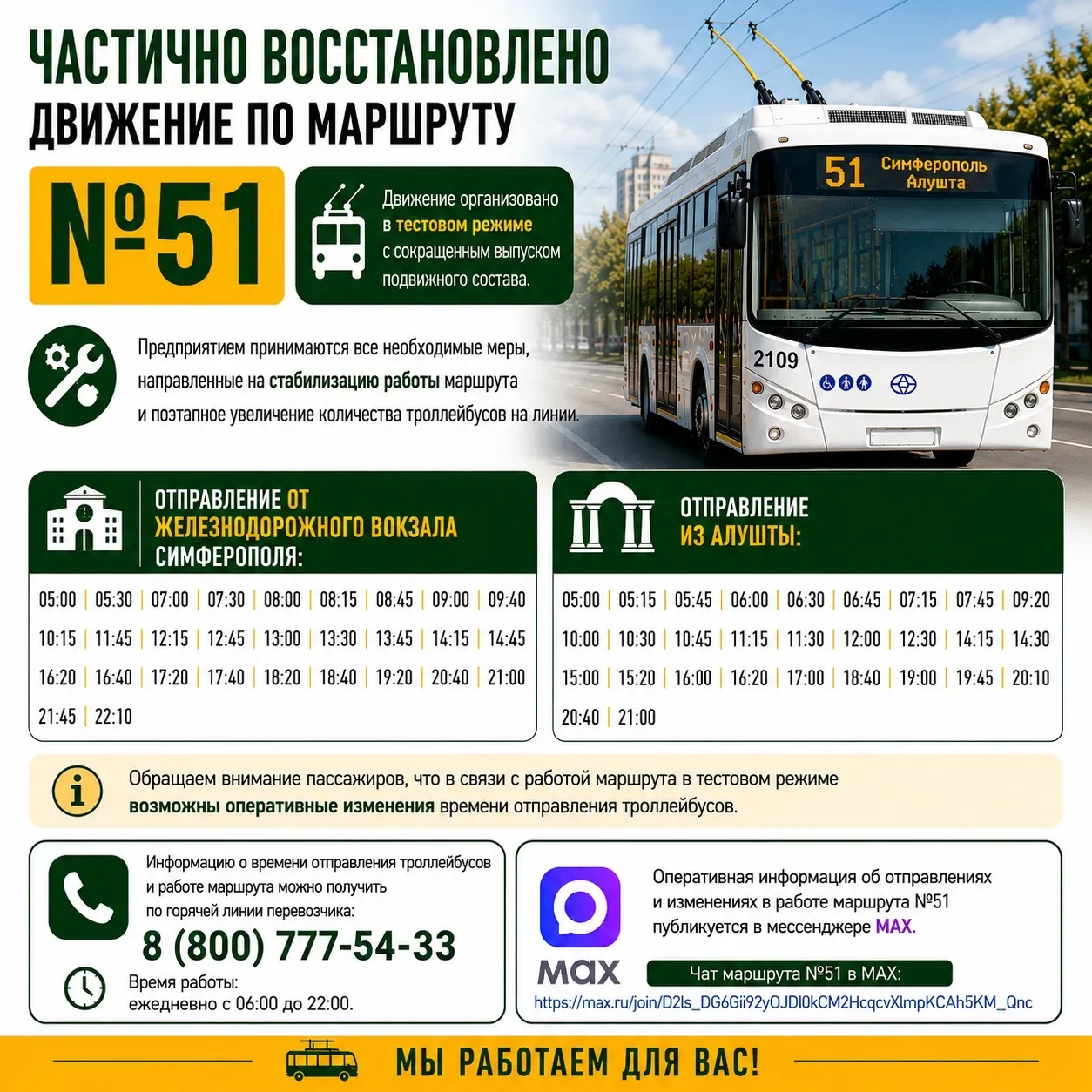 🚎 Троллейбус №51 "Симферополь – Алушта" возобновил работу в тестовом режиме.