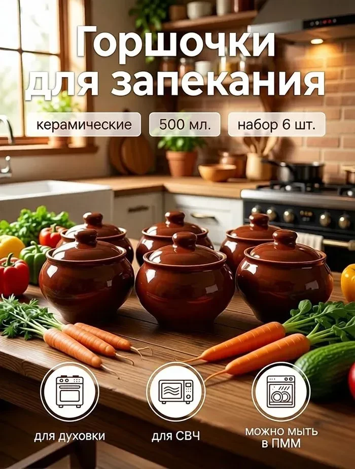Набор горшков 6 шт из керамики для запекания в духовке