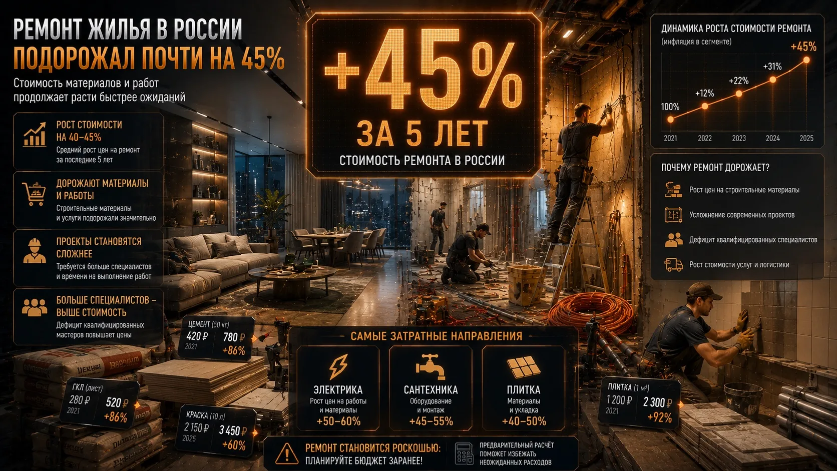 🏠 Ремонт жилья в России подорожал почти на 45% за пять лет

По оценкам экспертов, стоимость ремонта
